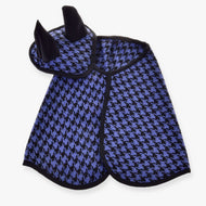 LarDen Hobby Horse Set festive checkered blue: blue and black houndstooth blanket and ear bonnet, black trim