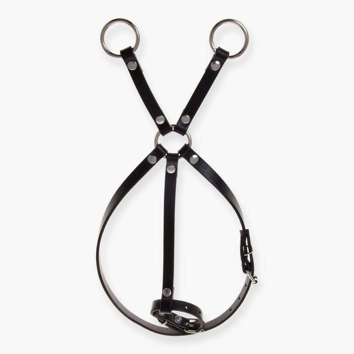 Hobby Horse Martingale brown by LarDen laid flat, a very dark leatherette neck strap with buckles and three silver rings