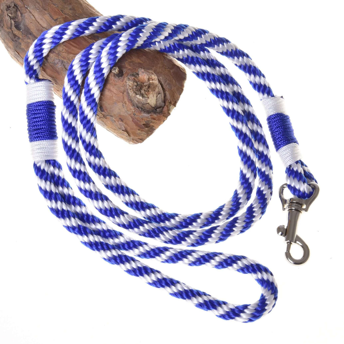 LarDen Hobby Horse Lead Rope Stripe Blue, a blue and white braided lead with a silver snap hook draped over driftwood