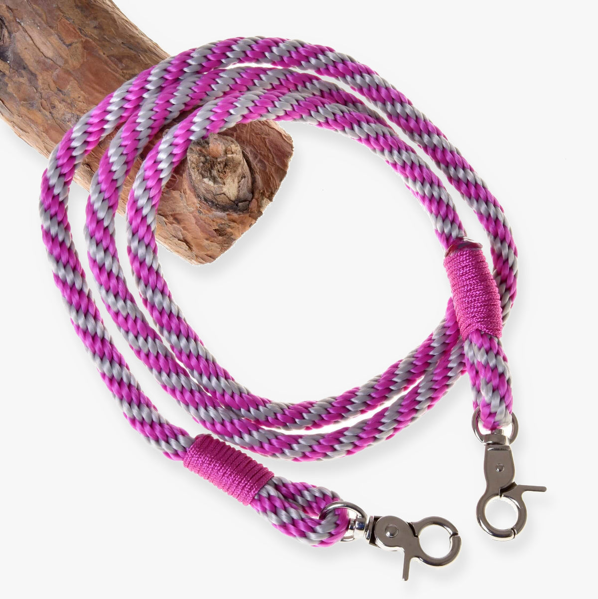 Hobby Horse Reins pink stripe by LarDen in pink and grey twisted rope with pink whipping and a snap hook at each end