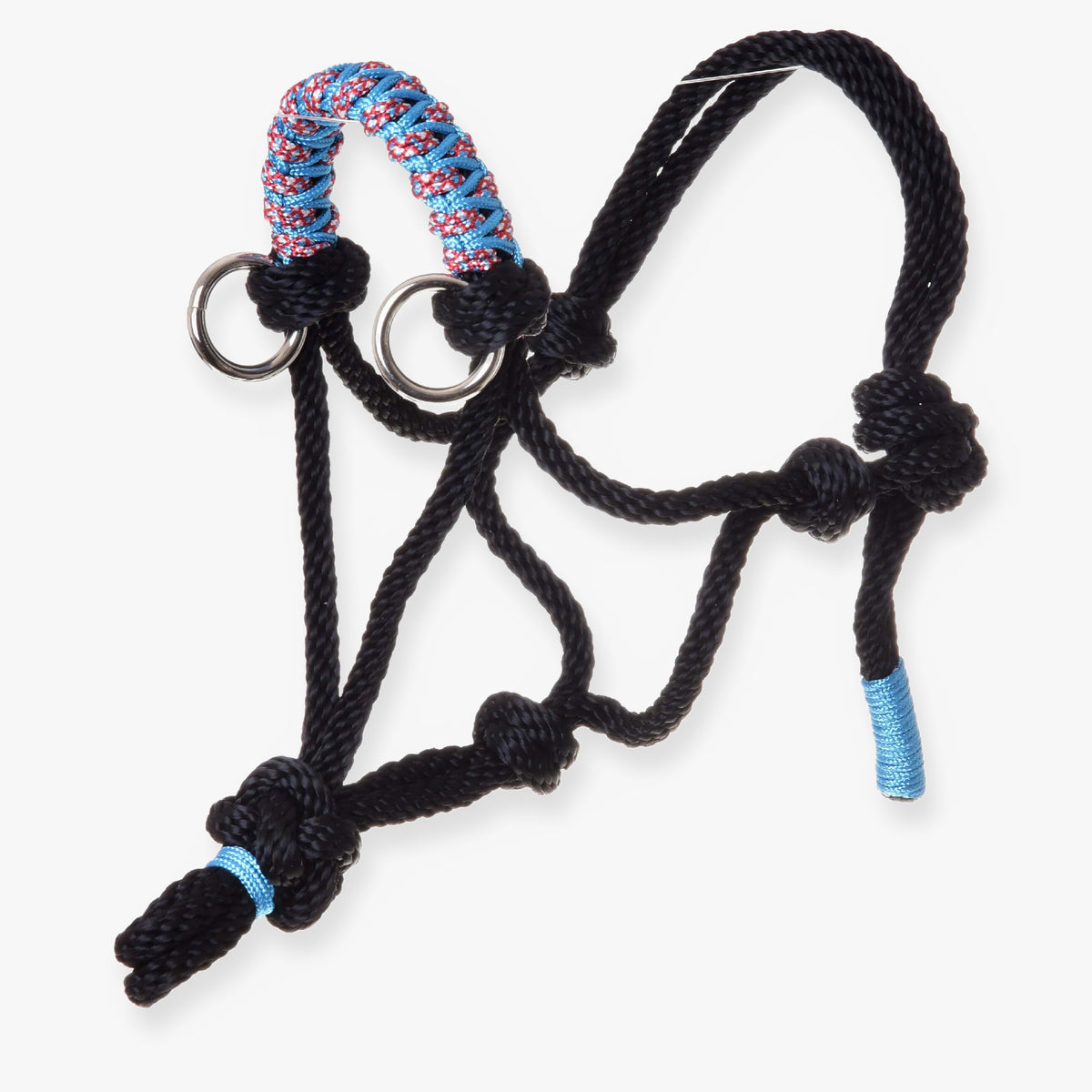 LarDen Hobby Horse csomózott kötőfék Summer, fekete kötélből, kék-piros fonott orrszíjjal és ezüstszínű karikákkal